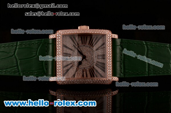 Franck Muller Master Square Swiss ETA 2824 Automatic Rose Gold Case Diamond Bezel with Green Leather Strap and Diamond Dial - Click Image to Close